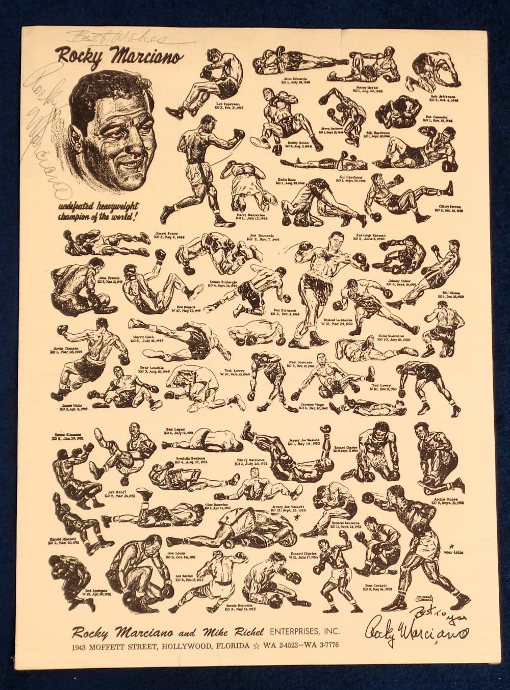 Boxing autograph, Rocky Marciano, a printed sheet showing artist drawn images of all of Marciano's