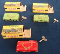 Model Vehicles, 3 boxed Japanese Codeg Small Size Taxis, 1 red and 2 green, all with keys (gd)
