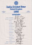 Cricket autographs, India, official Tour sheet for 1982, fully signed with 18 signatures, inc.