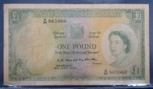 Bank Note, Bank of Rhodesia and Nyasaland £1 note dated 19th June 1959 (slightly grubby and has been