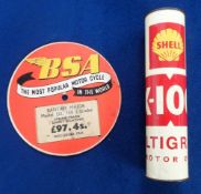 Motoring, Vintage Advertising, 2 items to comprise a Shell X-100 Multigrade Motor Oil tin