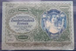 Bank Note, Austrian Government First Issue 100,000 Kronen bank note dated 1922 (has been folded down