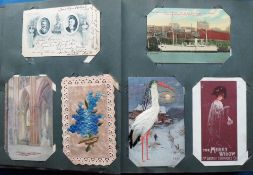 Postcards, a vintage album of approx. 221 mixed subject cards, mostly novelty and the unusual.