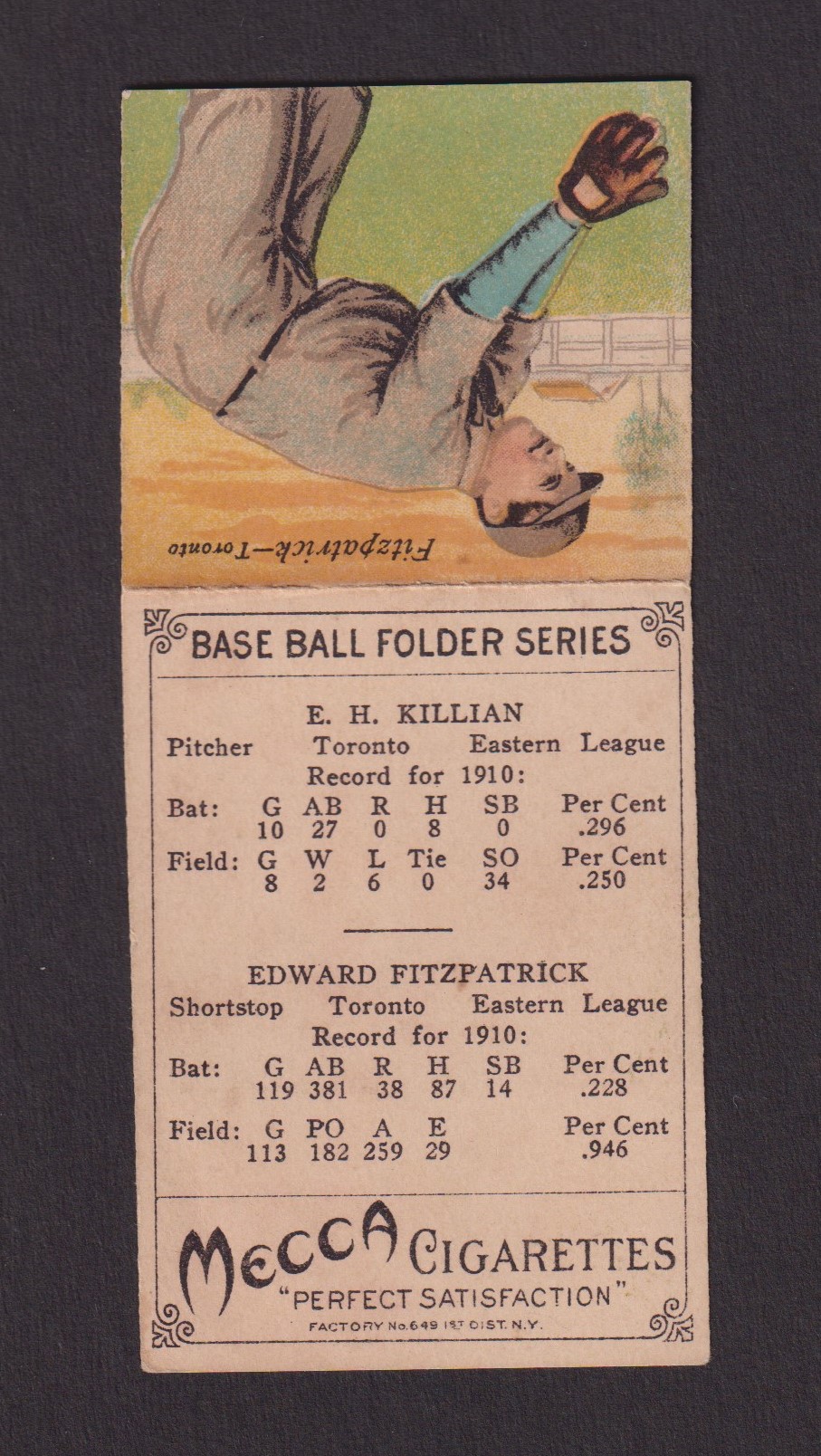 Cigarette cards, USA, Baseball, ATC, T201, Mecca Baseball double folder series, type card, - Image 2 of 2