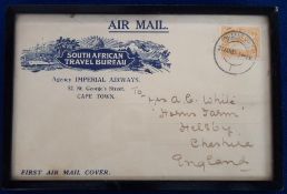 Stamps, A South African Travel Bureau First Flight framed airmail cover to Cheshire England dated 27