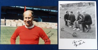 Football autographs, Bobby Charlton, Manchester United, two photos, both taken from earlier