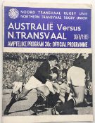 Rugby programme, Northern Transvaal v Australia, 30 August, 1969, programme from the Wallabies
