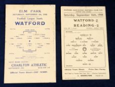 Football programmes, Reading v Watford 4 September 1943 (edge repair) & Watford v Reading 16