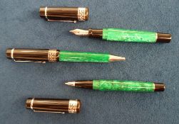 Writing Equipment, Delta 365 matching fountain pen (18ct-750 nib) and 2 ball point pens with green