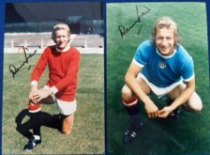 Football autographs, Denis Law, Manchester United & Manchester City, two 8 x 12” colour photos, both