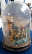 Automaton, 19thC musical French rocking ship automaton under circular glass dome, double sided,