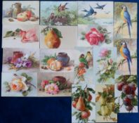 Postcards, a selection of 17 cards illustrated by Christine Klein, mainly still life (flowers,