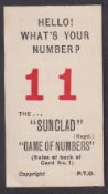 Cigarette card, South Wales Tobacco Co, Game of Numbers, type card, number '11' (gd) (1)