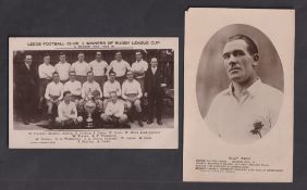 Rugby League postcards, two b/w postcards, Leeds Winners of Rugby League Cup 1922-23 (unused,