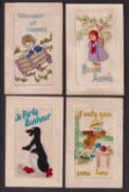 Postcards, Silks, 4 better greeting/patriotic embroidered silk cards inc. 'Souvenir de France'