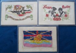Postcards, Silks, 3 military patriotic military embroidered silk cards inc. 'The awaking of the