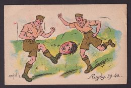 Rugby postcard, French wartime propaganda rugby postcard with artist drawn image depicting