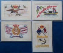 Postcards, Silks, 4 Naval related embroidered silk cards inc. R.N.A.S (Royal Naval Air Service) with
