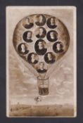 Football postcard, Barnsley FC, novelty card showing Barnsley player portraits inset to hot air