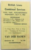 Rugby programme, Combined Services (South Africa) v British Lions 11 July 1962, small, fixture