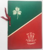 Rugby memorabilia, Wales v Ireland after match dinner menu in honour of the Irish team visit, 12