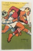 Olympics Paris, 1924, Rugby postcard, superb artist drawn postcard 'Jeux Olympiques - Paris 1924