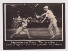 Tennis, b/w card from the Nizza Tournament, showing Lenglen & Lacoste in doubles action, 6 x 4.5”,