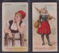 Cigarette cards, USA, Marburg Bros, National Costumes, 2 cards, Denmark, Peasant & France,