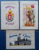Postcards, Silks, 3 embroidered silks depicting French place names, inc. 'Souvenir d'Ypres'