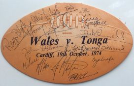 Rugby autographs, Wales v Tonga, 19th October, 1974, rugby ball shaped dinner menu with multiple