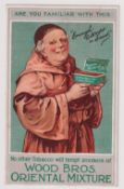 Tobacco postcard, Wood Bros., illustrated advertising postcard showing Monk holding tin of