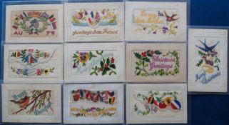 Postcards, Silks, 10 WW1 cards, 1 showing a cannon, 4 envelope types (some foxing o/w gd)