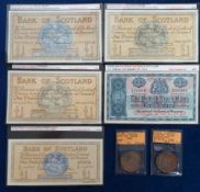 Bank Notes and Coins, to include 5 notes, British Linen Bank 1961 £1, 2 Bank Of Scotland Lord