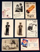 Tobacco advertising postcards, Carreras, 8 different cards inc. Black Cat, Black Cat Motor Car,