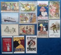 Postcards, a good subject mix of 13 cards inc. 2 Victorian period USA adverts for Muzzy's Corn
