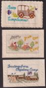 Postcards, Silks, 3 embroidered silk cards, inc. 'Buon Compleanno' showing motorcar; 'From one in