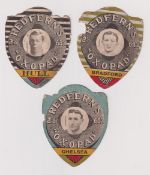 Trade cards, Redfern's (Boot Repairers), 3 shield-shaped Football cards for Chelsea with Turnbull