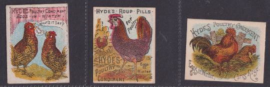 Trade cards, Hyde's Bird seeds, 3 advertisement cards, each one featuring Poultry / Chickens. 1 with