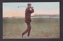 Golf postcard, James Braid, colour printed card showing Braid in action (unused, gd/vg) (1)