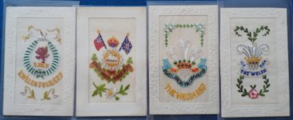 Postcards, Silks, 4 military embroidered silk cards, inc. Royal Welsh Fusiliers with red lion to