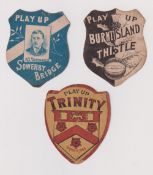 Trade cards, Wilks, (Batley/Bradford), 3 shaped Football/Rugby 'Play Up' cards, all printed by