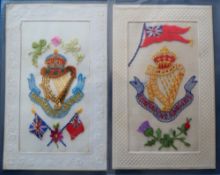 Postcards, Silks, a pair of embroidered silk military badges for the Connaught Rangers, showing
