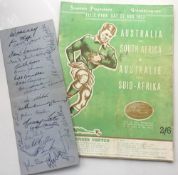 Rugby programme & autographs, South Africa v Australia, 22 August 1953, programme from the 1st