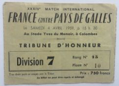 Rugby ticket, France v Wales, 4th April 1959, Test match ticket for game played at Colombes in Paris