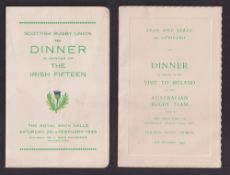 Rugby memorabilia, two dinner menus, Ireland v Australia, 2nd Dec 1947 held at the Dolphin Hotel,