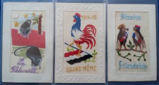 Postcards, Silks, 3 military and patriotic embroidered silks, inc. cockerel standing on red, white