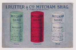 Tobacco postcard, Rutter & Co, illustrated postcard showing three packets of Mitcham Shag Tobacco,