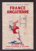 Rugby programme, France v England, 28 March 1948, scarce programme from the game played at Stade
