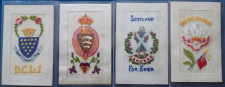 Postcards, Silks, a military badge selection of 4 embroidered silk cards inc. D.C.L.I (Duke of