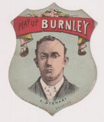 Trade card, Football, W.N. Sharpe, 'Play Up Burnley', shield shaped card showing A.J. Stewart